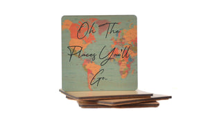 Oh The Places You'll Go World Map Wood Coasters