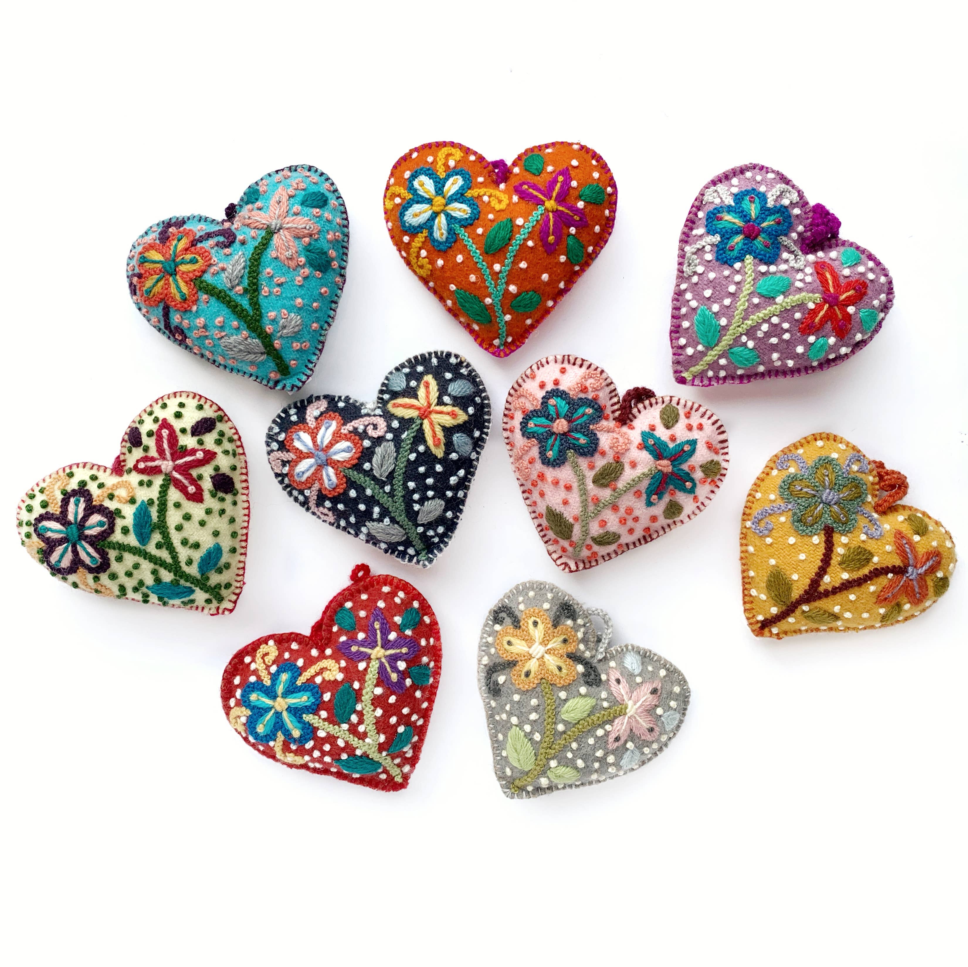 Colorful Embroidered Heart Ornament Variety, 12 Pack