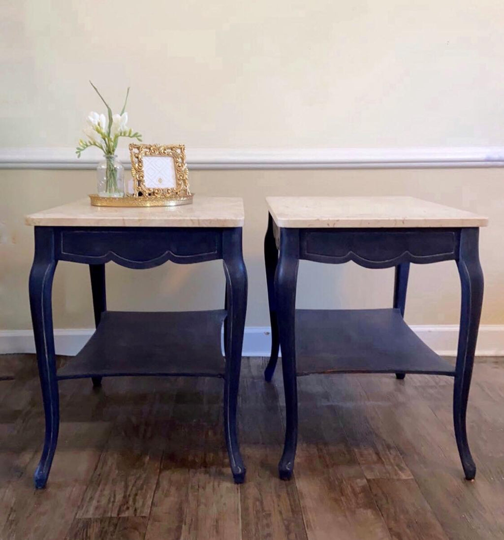 Oxford Navy Italian Travertine End Tables "SOLD"