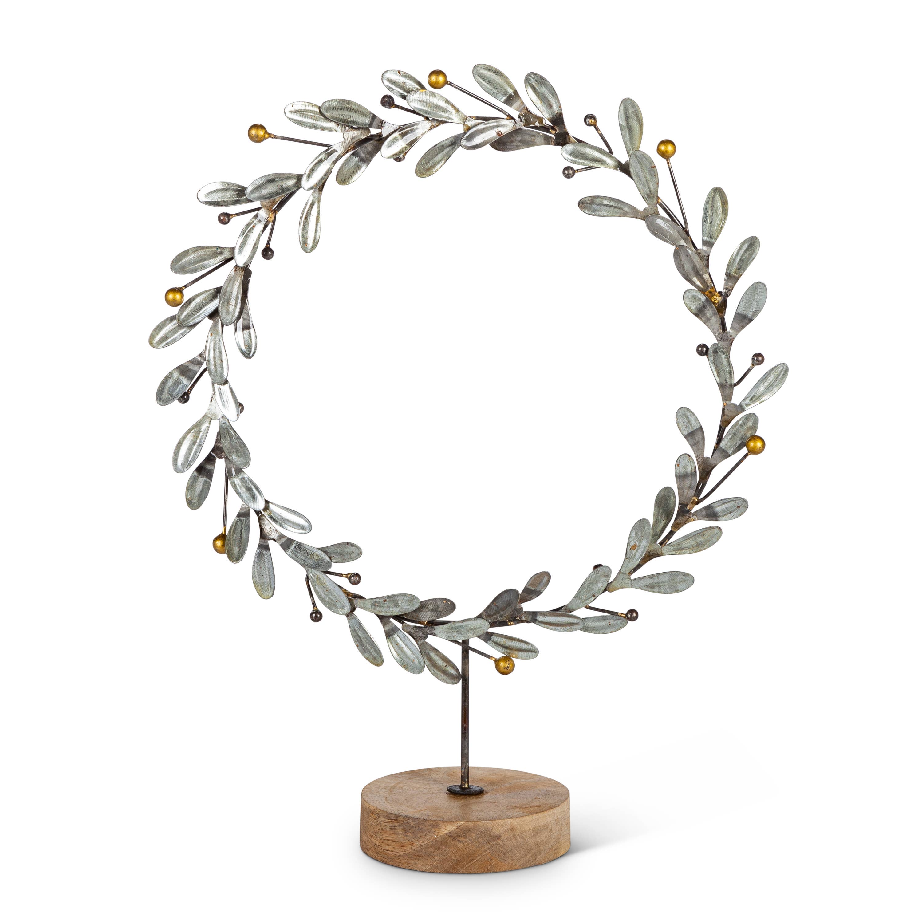 Metal Wreath with Wood Stand. -- PKG: Lone Elm Hangtag . Siz